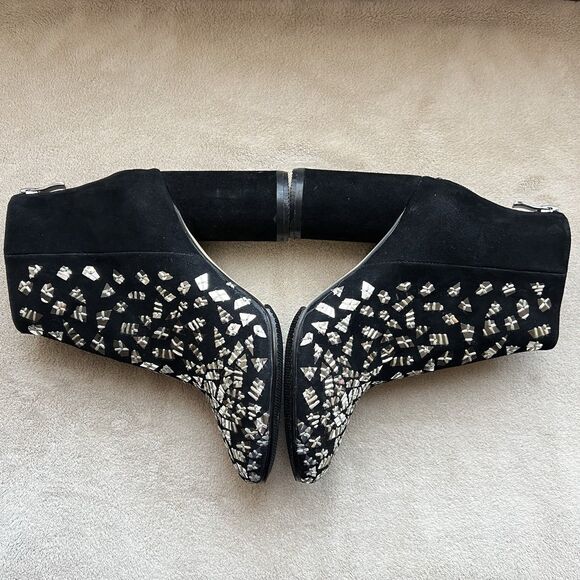 Bywin Black Suede Block Heel Ankle Booties Mirror Like Accents Women US 6.5  Zip - Picture 6 of 16